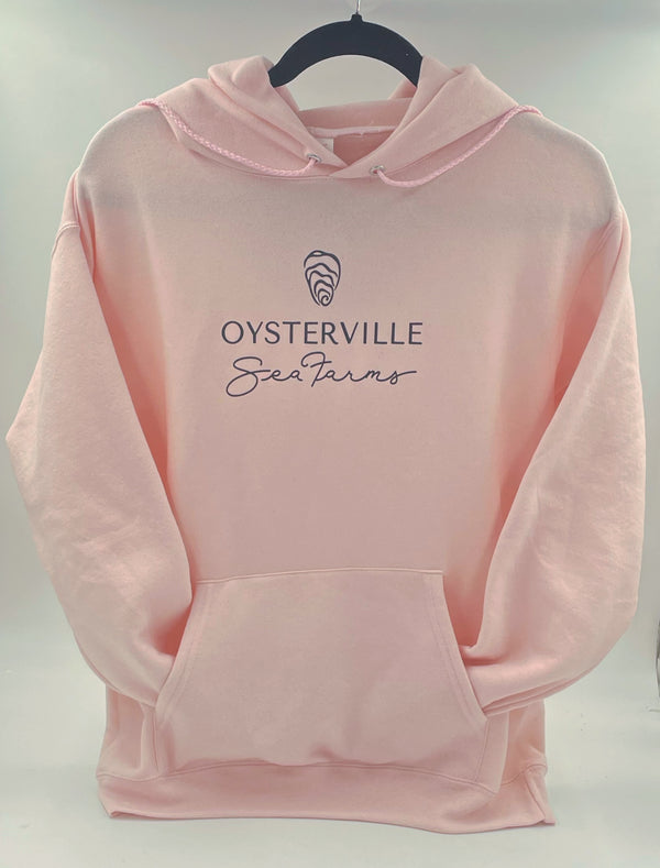 Pink Hoodie Sweatshirt with black Oysterville Sea Farms logo