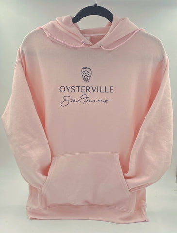 Pink Hoodie Sweatshirt with black Oysterville Sea Farms logo