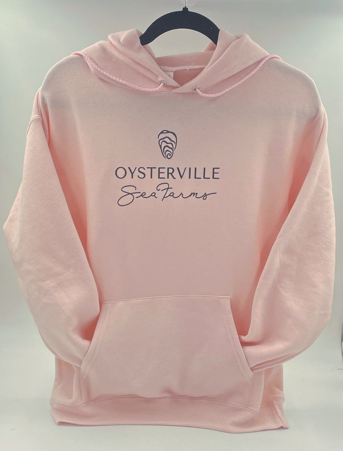 Pink Hoodie Sweatshirt with black Oysterville Sea Farms logo