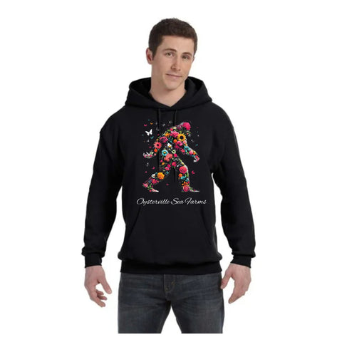 Black Hoodie Sweatshirt with Floral Bigfoot Design - Oysterville Sea Farms