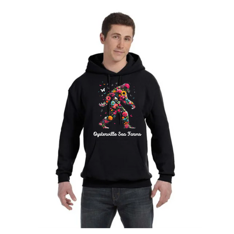 Black Hoodie Sweatshirt with Floral Bigfoot Design - Oysterville Sea Farms