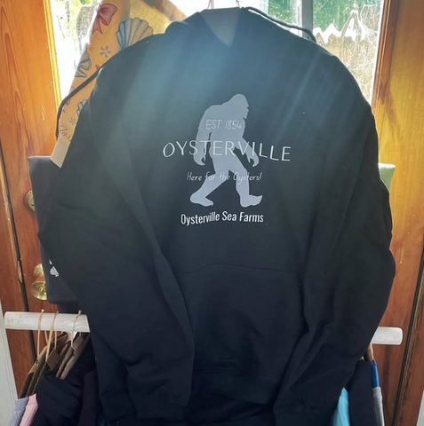 Black Hoodie Sweatshirt with Bigfoot Design - Oysterville Sea Farms (2 to choose from)