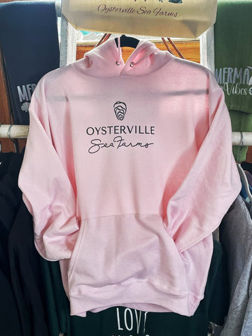 Pink Hoodie Sweatshirt with black Oysterville Sea Farms logo